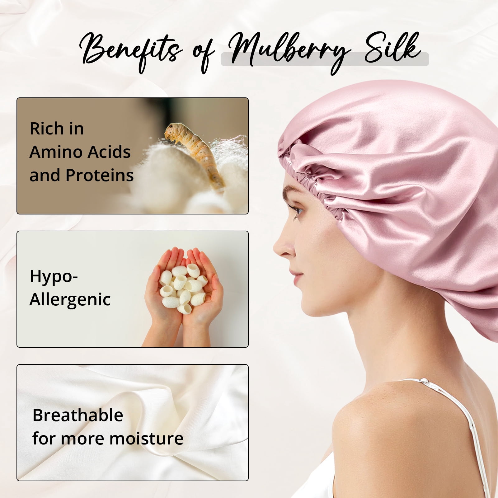 WIGI 100% Mulberry Silk Bonnet with Scrunchie Gift for Women, Silk Bonnet for Sleeping, Shower Cap Hair Bonnet, Silk Hair Wrap for Hair Care (100% Mulberry Silk (Round design), Pink)