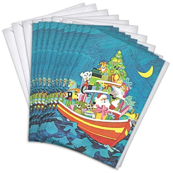 Santa Boat Vintage Retro Christmas Holiday Greeting Cards | 10 Pack Bulk Set (4x6)