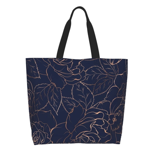 Fotbe Copper-Gold Gloss Outline Navy Dark Blue Bolsa Tote Estética de Lona con Estampado para Mujer - Bolsa Reutilizable de Hombro Casual para Vacaciones, Compras, Trabajo y Gimnasio