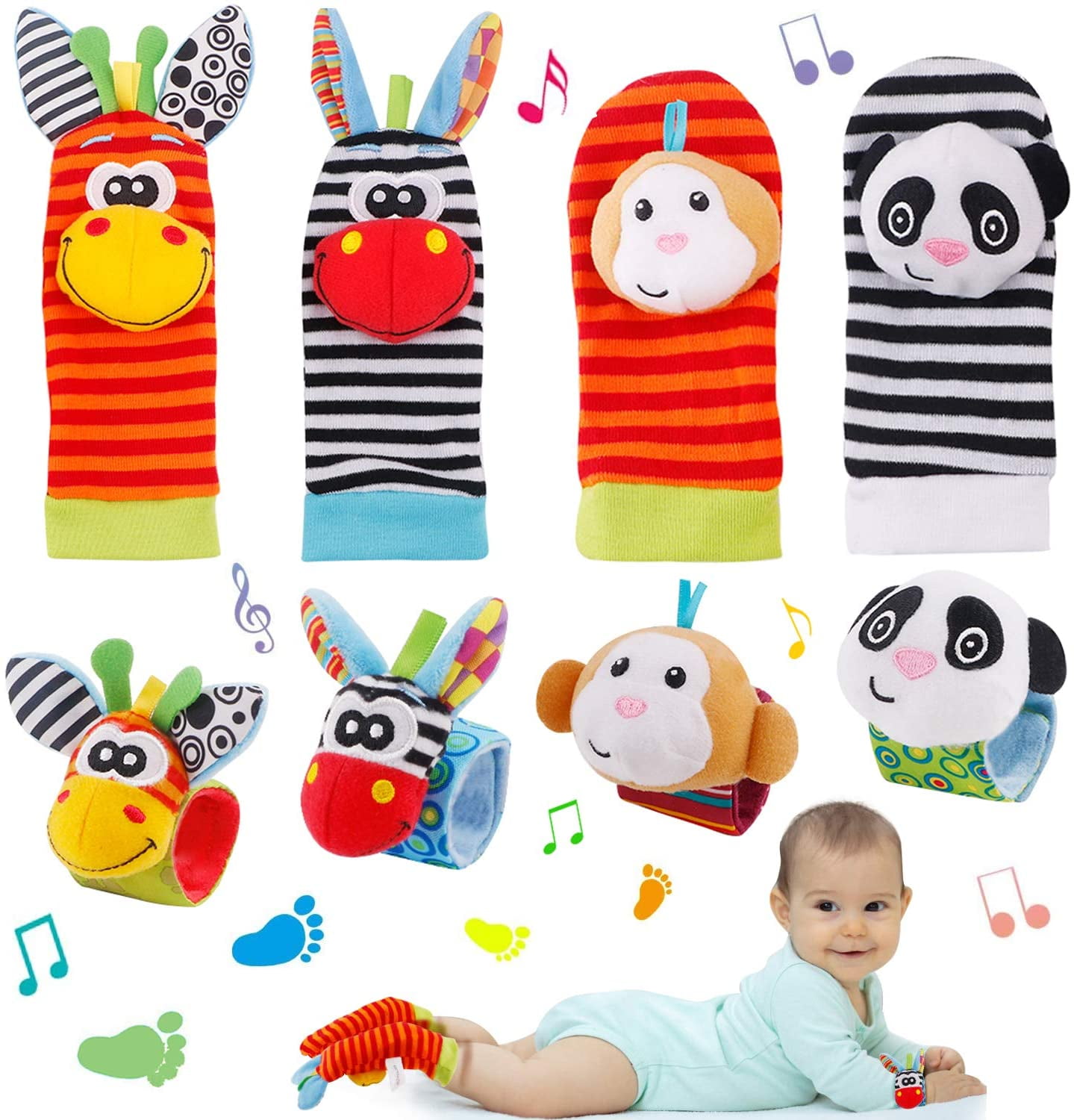 baby socks toy wrist rattle and foot detector 8 pieces developed early education toy set gift for newborn babies 0-3 3-6 months