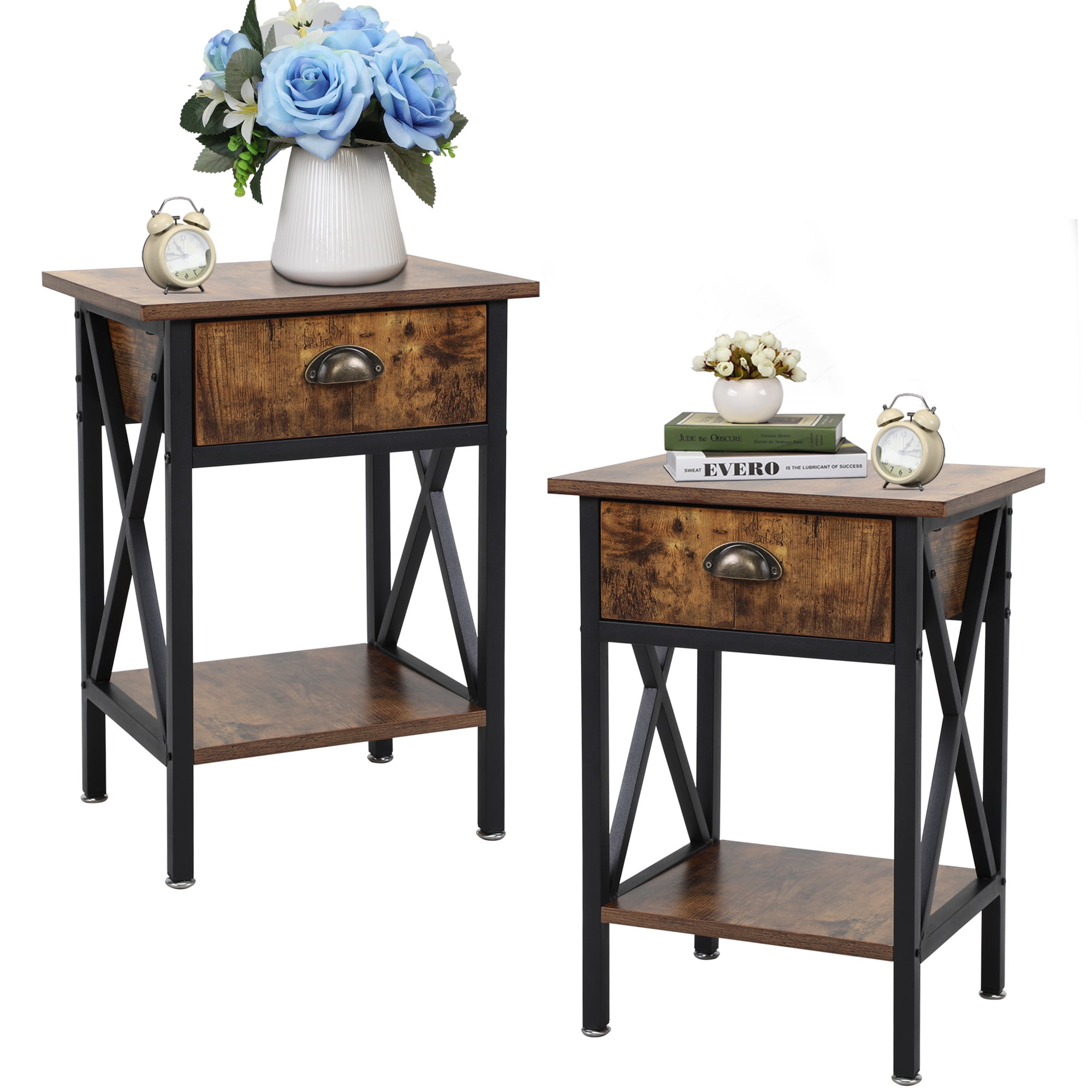 Kepooman Modern Versatile Nightstands, Industrial Set of 2 Bedside Table with Drawer and Storage Shelf, Rustic End Table Side Table Modern Night Stand for Bedroom Living Room Sofa Couch, Brown Kepooman Modern Versatile Nightstands, Industrial Set of 2 Bedside Table with Drawer and Storage Shelf, Rustic End Table Side Table Modern Night Stand for Bedroom Living Room Sofa Couch, Brown