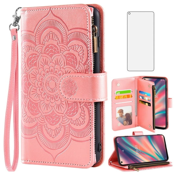 Asuwish Compatible with Wiko View 5 Wallet Phone Case and Tempered Glass Screen Protector Flower Faux Leather Flip Credit Card Holder Stand Zipper Cell Cover for WikoE View5 Women Pink