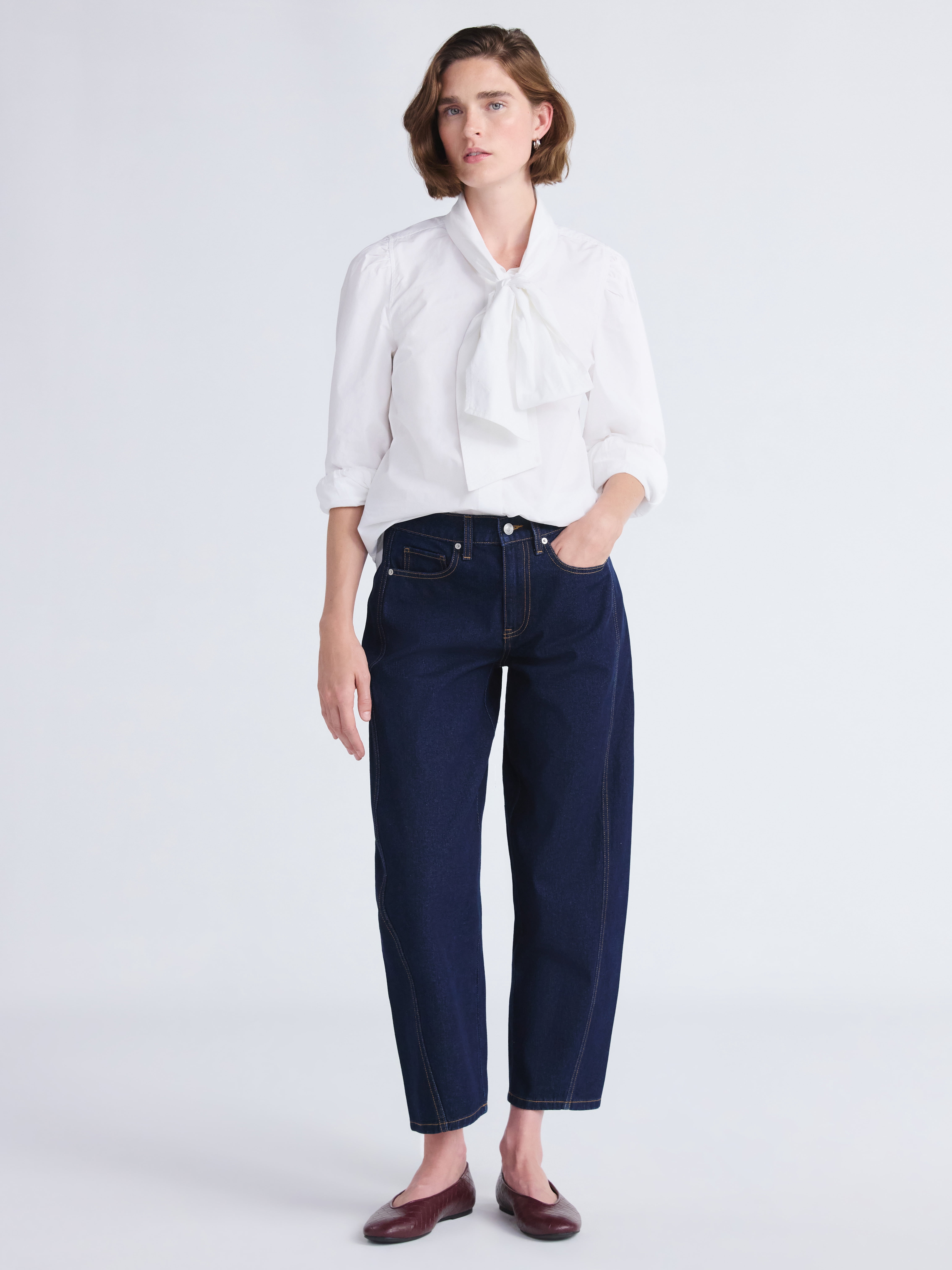 Free Assembly Women's Cotton Tie Neck Blouse with Long Puff Sleeves, Sizes XS-XXL