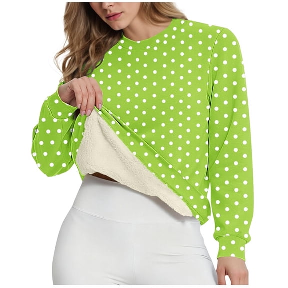 ZHYou Womens Polka Dot Sherpa Fleece Lined Sweatshirts Long Sleeve Crew Neck Casual Warm Cropped Tops,Green,L