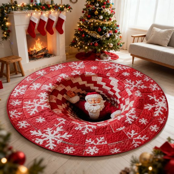 Gytml Christmas 3D Round Rug, With Patterns And Santa Quilted Round Mat Designs, Thick Decorative Area Rug For Living Room Indoor Holiday H 40cm