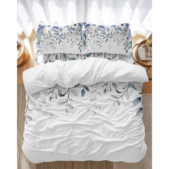 Blue Green Bedding Duvet Cover Set Full Size 4 Pieces Flowers Eucalyptus Leaves Farmhouse Botanical Bedding Set with Zipper Closure, 1 Comforter Cover 86x86 Inches 1 Flat Sheet & 2 Pillow Cases