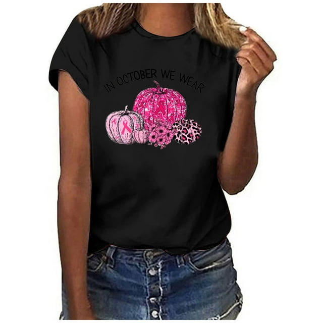 En Octobre Nous Portons des Hauts Roses pour Femmes Col Rond Manches Courtes Blouse Décontractée Imprimée Sensibilisation au Cancer du Sein