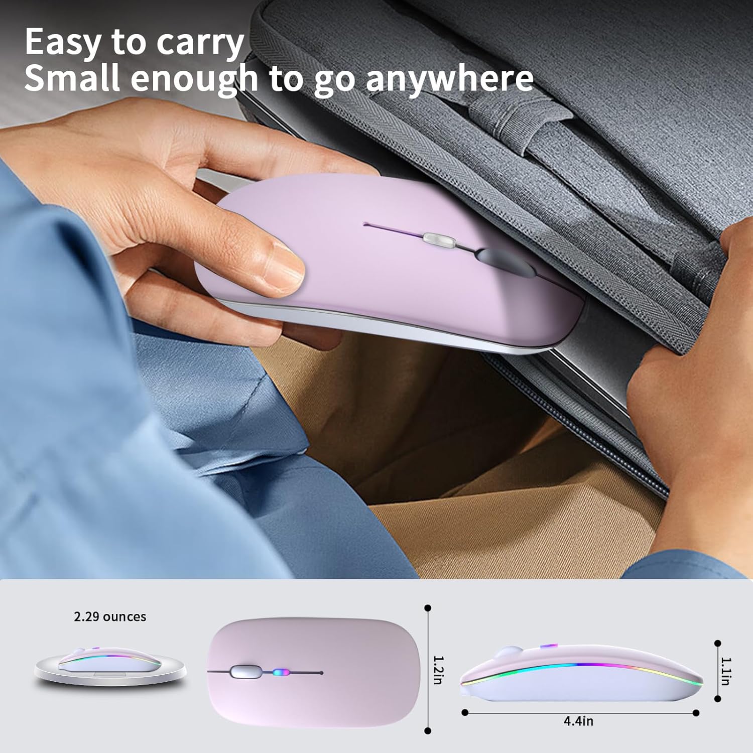 Wireless Bluetooth Mouse – Rechargeable, Silent, Dual Mode (Bluetooth 5.2 & USB) with LED Lights – Portable for Laptop, Desktop, & Tablet(Black)