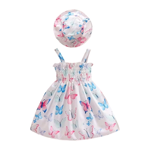ATOGUTA Girls Sleeveless Dress Casual Beach Party Print Spaghetti Straps Sundress with Hat White, Size 3M-3T