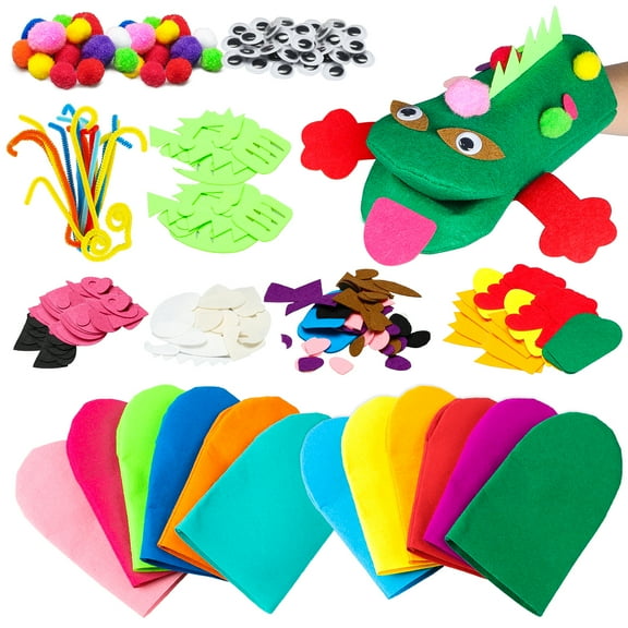 Belanttega 12Pcs Animal Hand Puppets Making Kit DIY Art Craft Party Supplies Children Role Play Toys Felt Glove Puppets Show, Pipe Cleaners Colorful Pompoms, Googl Eyes, DIY Felt Decors