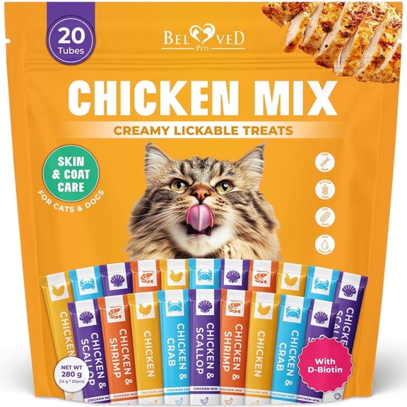 Beloved Pets Creamy Lickable Cat Treats & Wet Food Squeeze Tubes – Liquid Kitten Snacks, Omega-Rich Skin & Coat Formula, Multivitamin Treats for Cats & Small Dogs, Lick Up 20 Chicken Mix