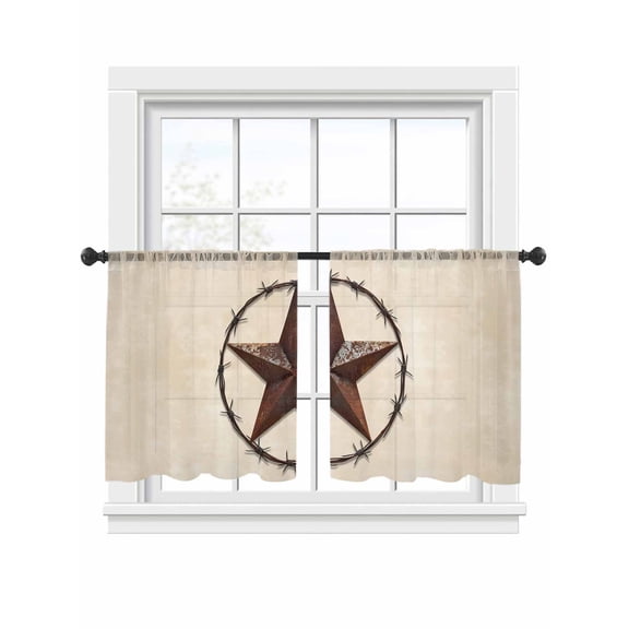Sheer Curtains 45 inches Long 2 Panels Set Texas Star Countryside Western Vintage Country Star Tiers Sheers Rod Pocket Small Window Short Curtains for Kitchen Cafe, Each 52" W x 45" L