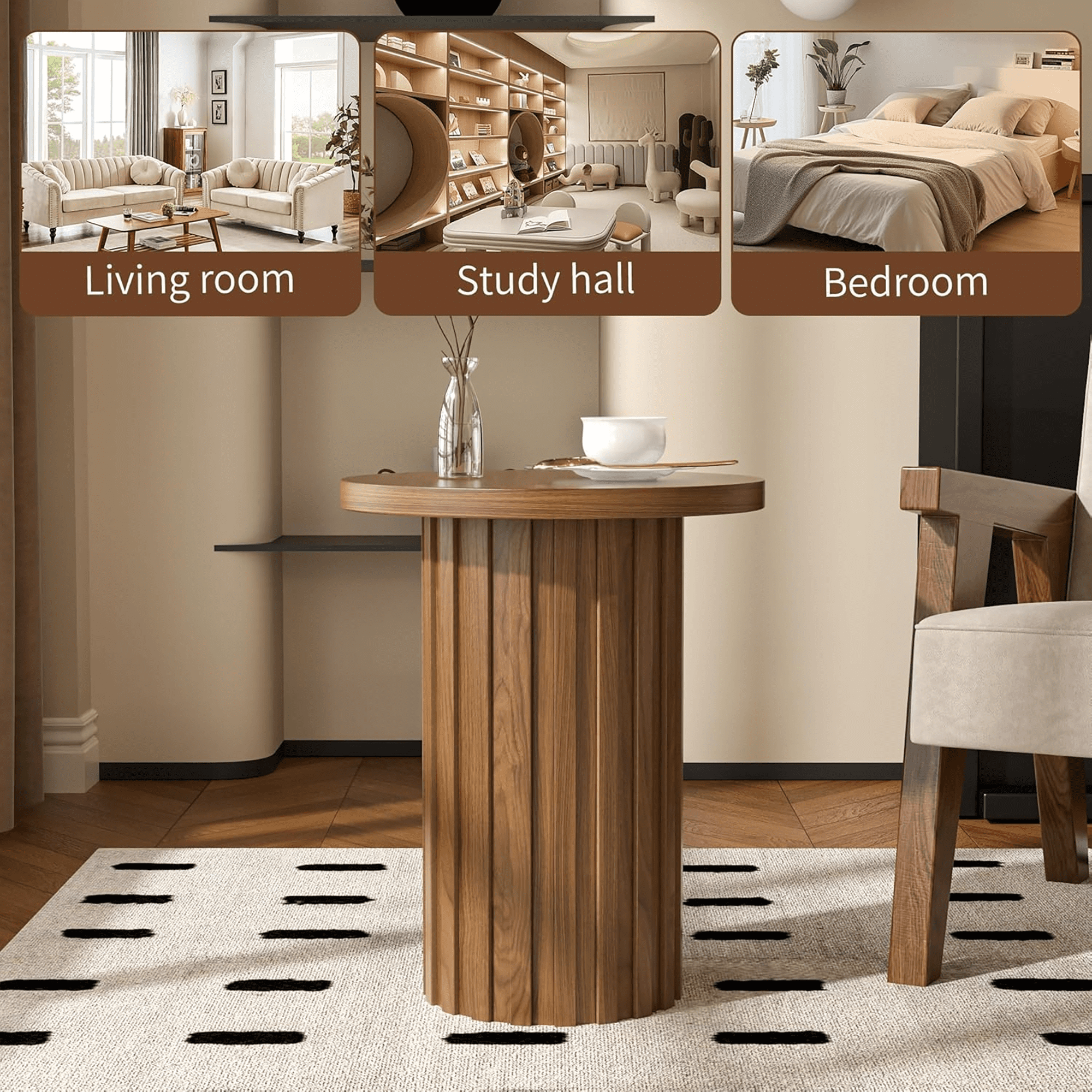 Round Side End Table 22" Tall Fluted Small End Table for Small Spaces, Modern Farmhouse Wooden Accent Table Small Drink Table for Living Room Bedroom(Walnut)