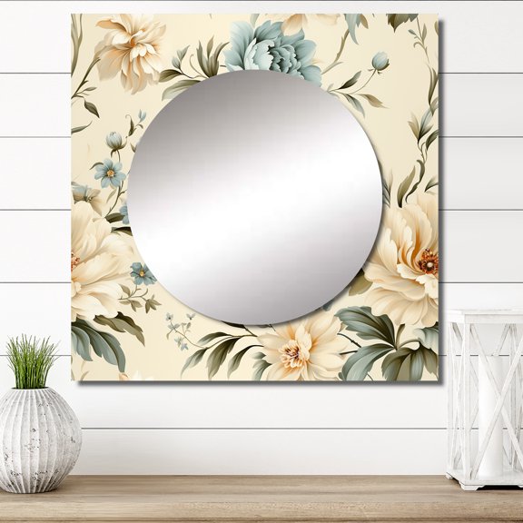 Designart "Minimalist Chicn Victorian Style II" floral White Large Square Mirror - Square Bedroom Mirror Printed Wall Decor - Cottage Square Printed Wall Mirror Art