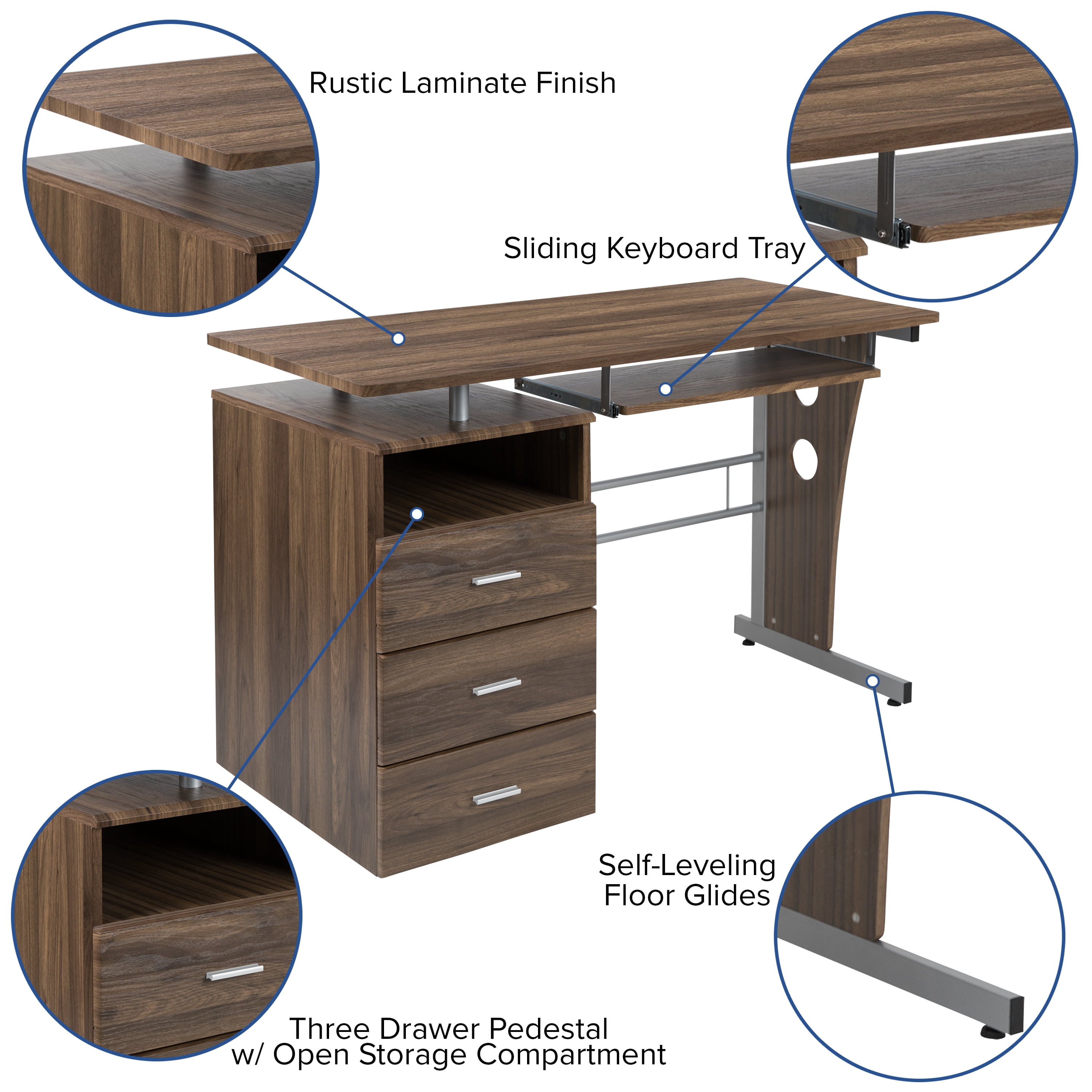 Emma + Oliver Rustic Walnut Desk with Three Drawer Single Pedestal and Pull-Out Keyboard Tray