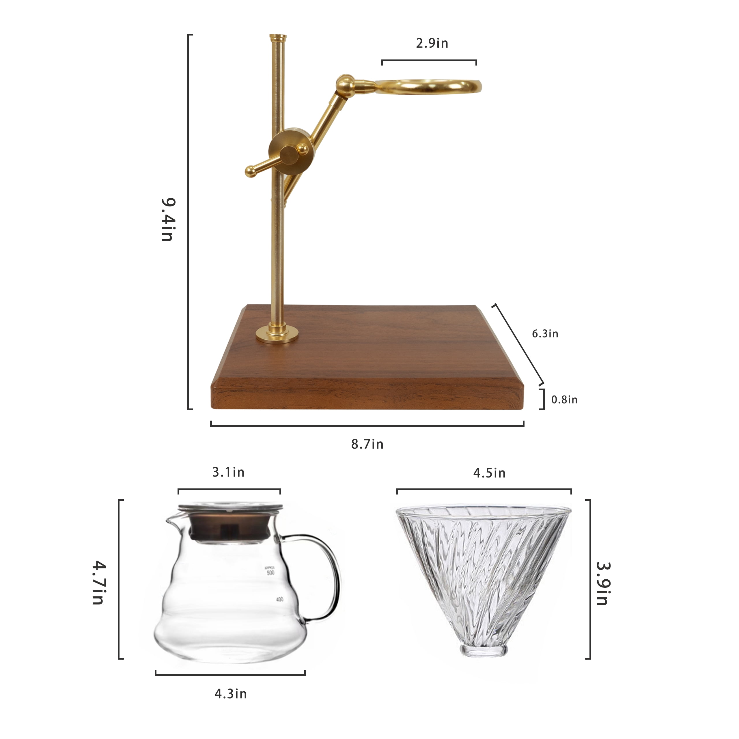 L'ÉPICÉA Pour over Coffee Maker Set,Stainless Steel Stand&Wooden Base, Glass Coffee Filters Cup