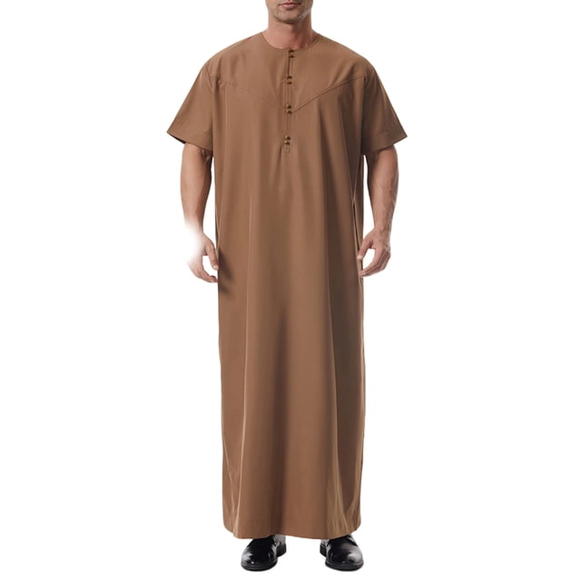 RXMEKW Short Sleeve Thobe with Neck Button and Pocket for Men, Casual Islamic Robe in Solid Color