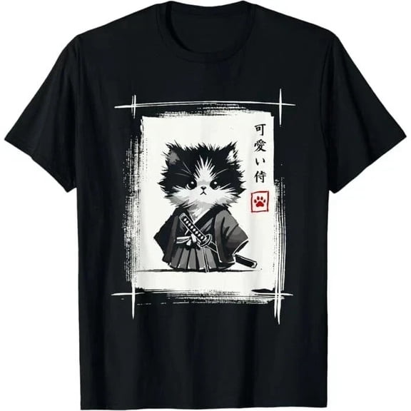 Samurai Cat Japanese Art Sumi-e Novelty Kawaii Funny Cat T-Shirt, Size S - 5XL