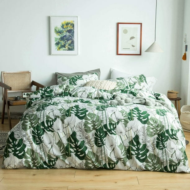 Funda Nórdica Verde Reina 100% Algodón Costa Monstera Hojas Funda Nórdica 3 Piezas
