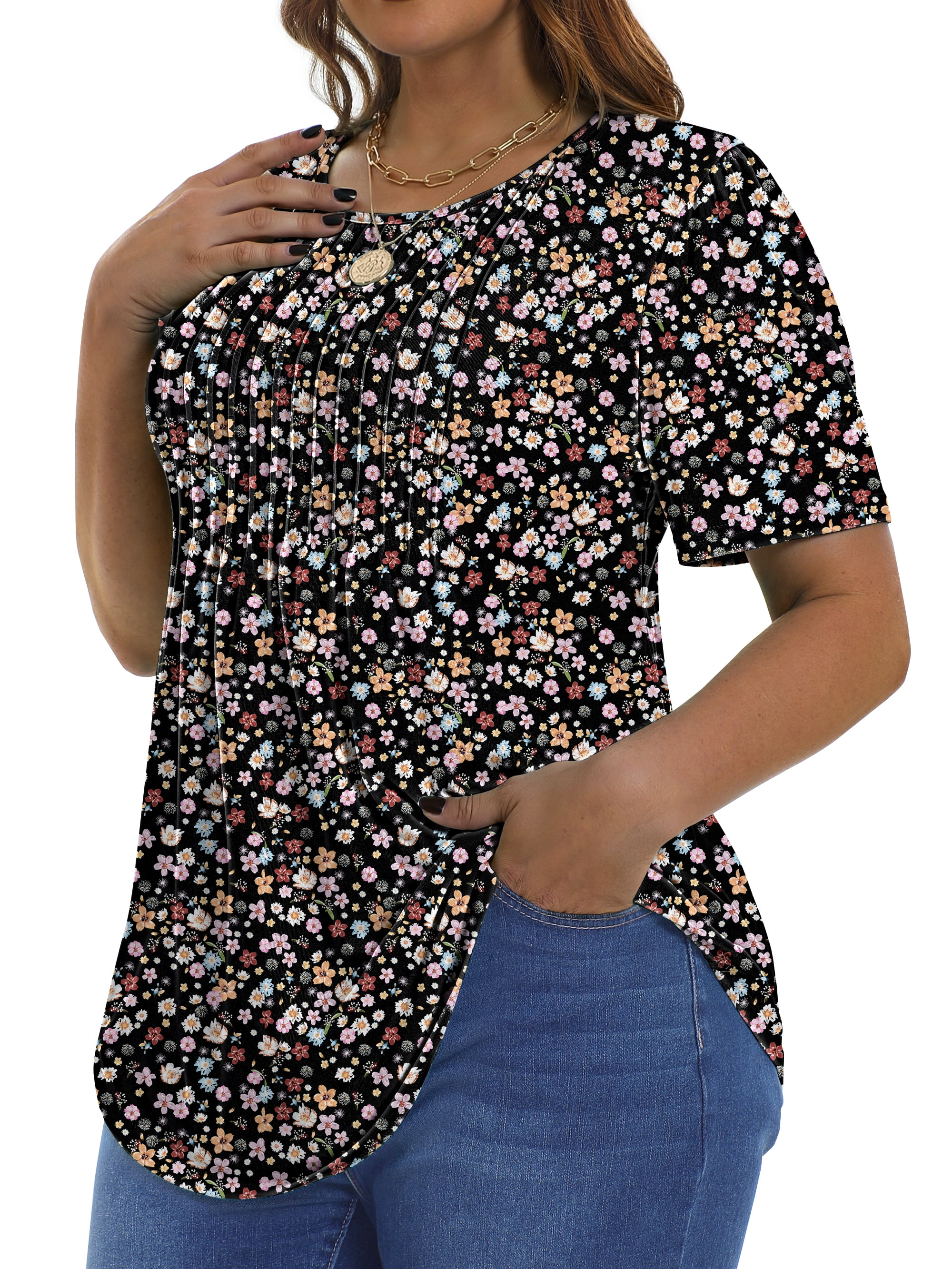Fantaslook Blouses for Women Pleated Short Sleeve Tunic Tops Dressy Casual Summer Shirts