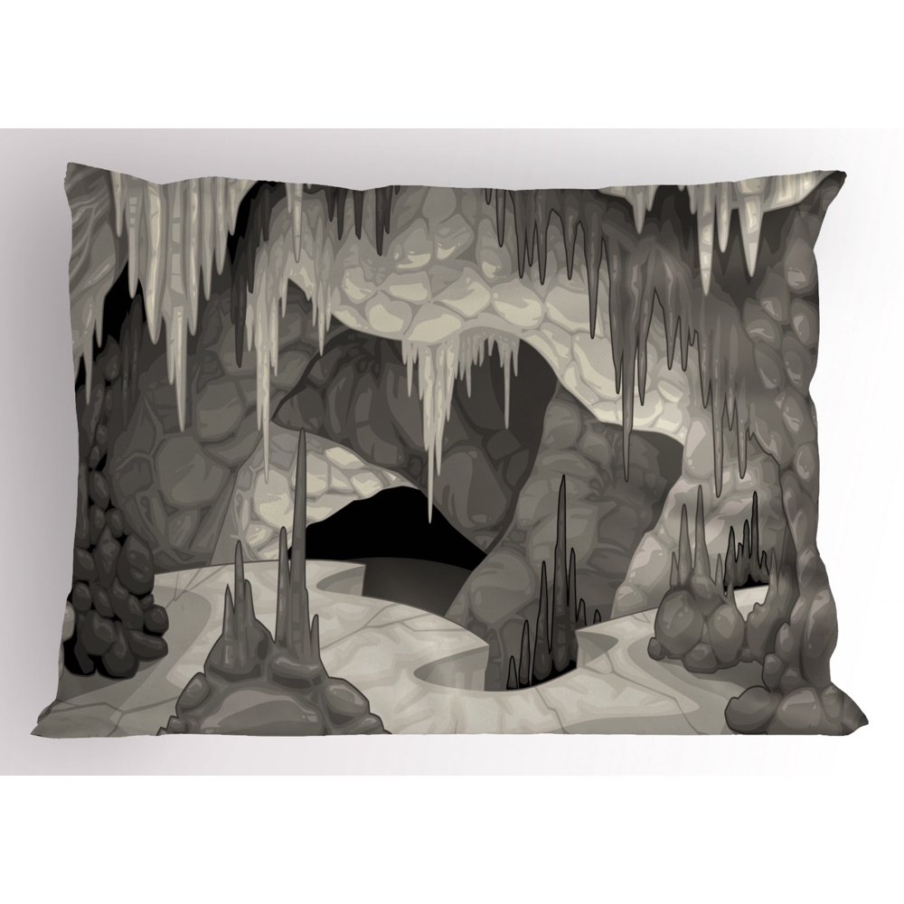 Cave Pillow Sham Inside the Cavern with Stalagmites Speleology Theme Cartoon Style Grotto in