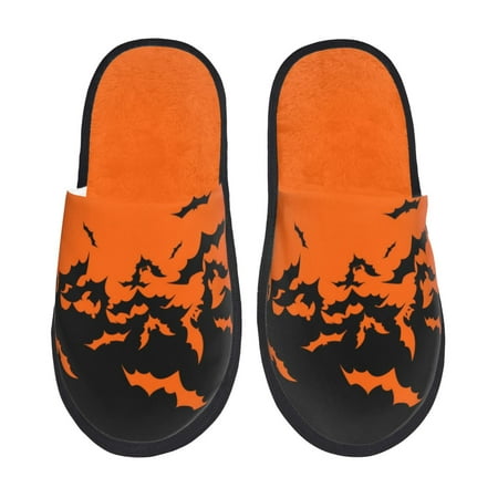 

Fuzoiu Halloween With Black Bats Print Unisex Furry Slippers Plush Indoor Shoes Trendy House Slippers Anti-Skid EVA Sole House Shoes for Home Office and Travel -Large