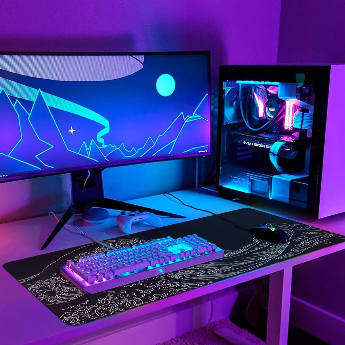 Large Mouse Pad (35.4x15.7 in), Desk Mat Gaming Mousepad with Stitched Edges, Keyboard Mouse Mat Desk Pad for Work, Game, Office, Home-Pink Topographic