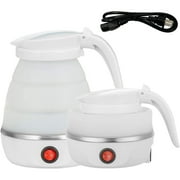 Foldable Electric Travel Kettle - Portable and Convenient Silicone Collapsible Water Boiler and Tea Pot for Camping - Easy Storage with Detachable Power Cord (White)