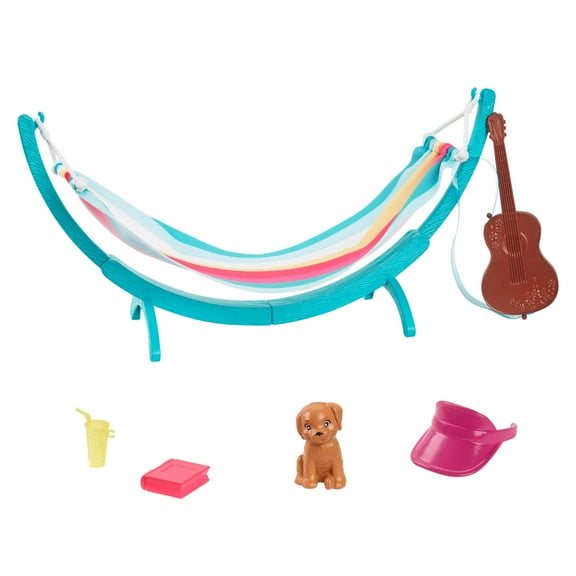 Barbie World Hammock Set with 7 Camping Accessories Including Swinging Hammock with Guitar & Puppy [Walmart Exclusive]