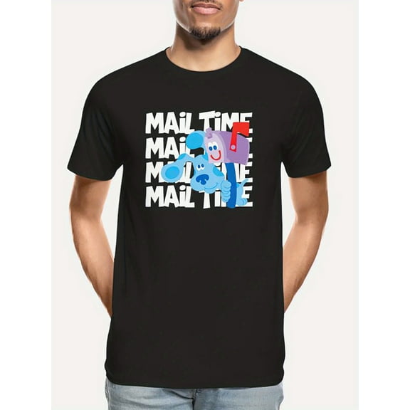 Mail Time" Blues Clues-Inspired Men's Black T-Shirt - Fun Graphic Design, 100% Cotton, Short Sleeve, Crew Neck, Machine Washable - Casual & Comfortable, Graphic T| Comfortable Fit, Retro T Shirt