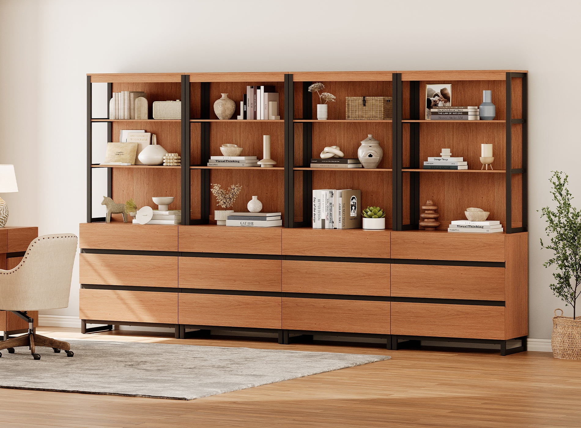 WAMPAT 4 PCS Modern 72" Tall Bookcase with 12 Drawers and Open Book Shelfs, Library Book Shelf with Storage Cabinet and Metal Base, Wood Freestanding Bookshelves for Home Office, Living Room, Mocha