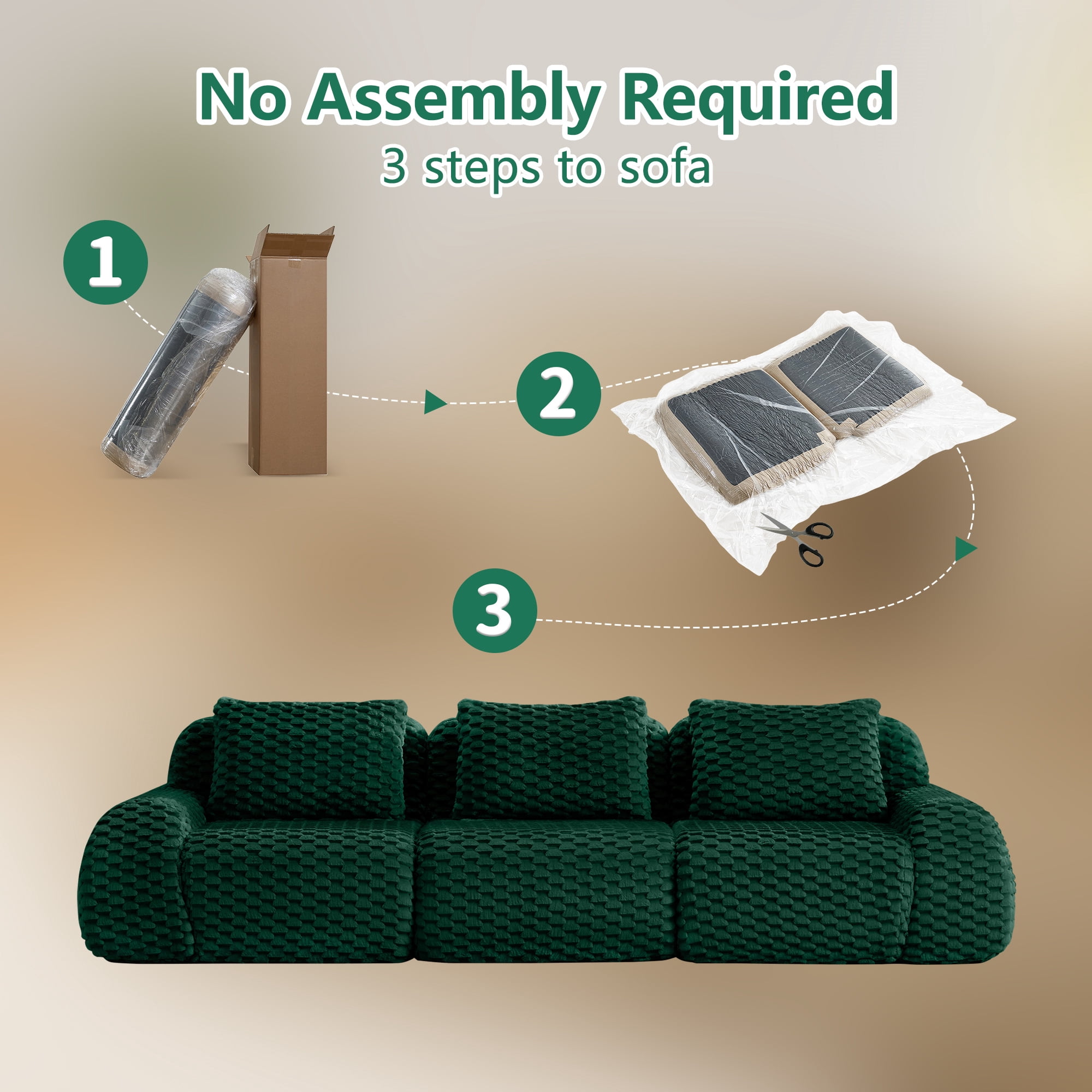 Aukfa Oversized Modular Sofa 3 Seat Boneless Couch, 3 Pillows, No Assembly, Flannel, Green
