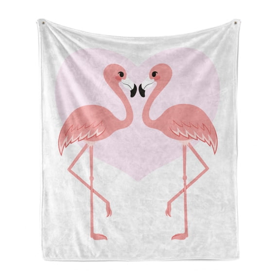 Kissing Soft Flannel Fleece Throw Blanket, Flamingo Birds in Front of Pinkish Heart Shape Illustration on Plain Background, Cozy Plush for Indoor and Outdoor Use, 70" x 90", White Blush, by Ambesonne