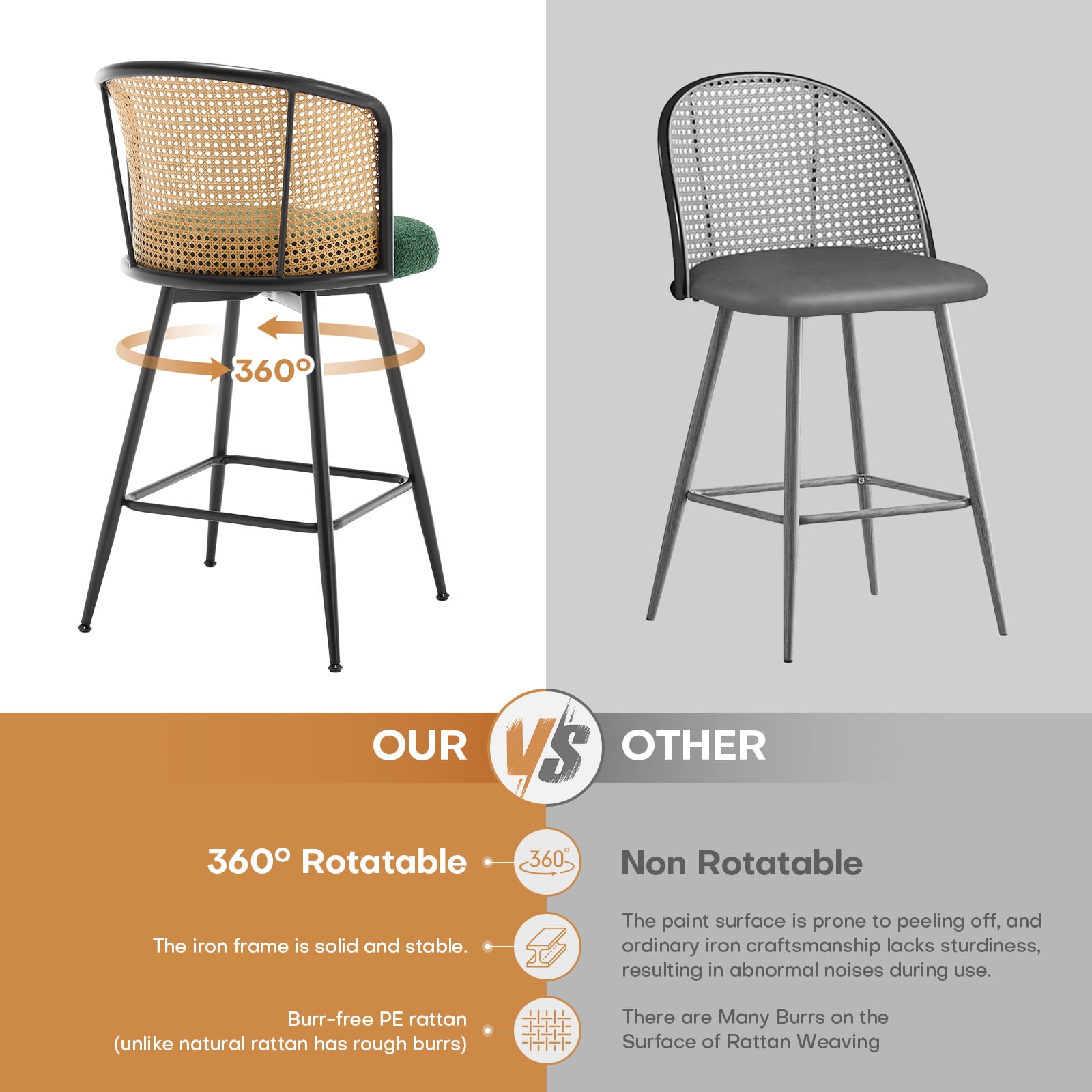 ANMINY Rattan Swivel Bar Stools Set of 3, 26" Counter Height with Rattan Back and Metal Legs, Mid-Century Modern Armless Boucle Fabric Barstools Seat, Upholstered Counter Stools for Kitchen Island