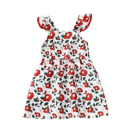 

4T Kid Girls Dress Elegant Dress Toddler Girl Fly Ruffled Sleeve Floral Dress Sleeveless Ruffled Layer Princess Dress Red 4-5 Years