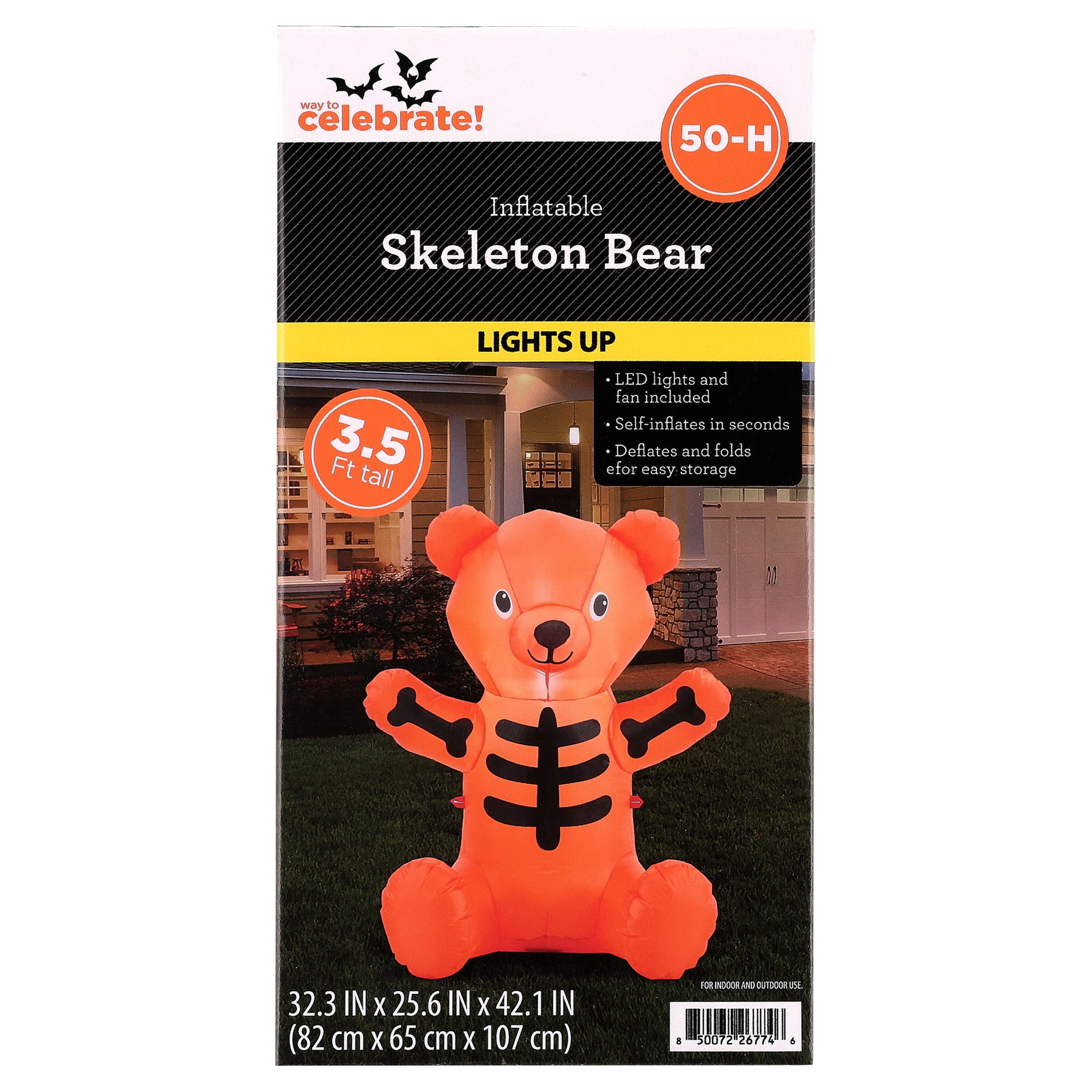 Skeleton Bear Airblown Yard Inflatable, Orange and Black, 3.5', Halloween by Way To Celebrate