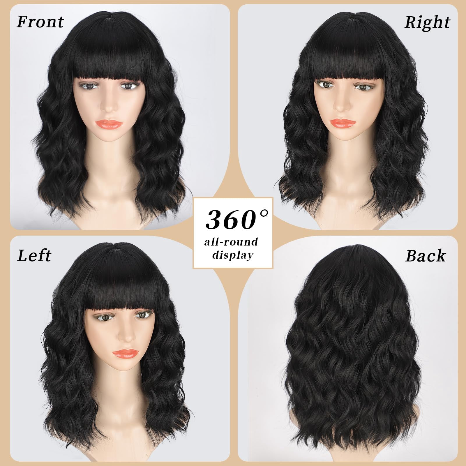 Wig with Bangs Short Bob Wigs for Women Shoulder Length Wavy Curly Wigs Synthetic Fiber Wigs 14 Inches for Daily Party Use