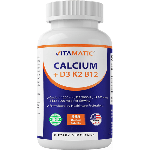 Vitamatic Calcium Supplement 1200mg with D3, K2 & B12, Immune & Bone Health Support - 365 Coated Tablets