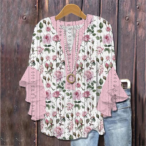 Jsaierl 3/4 Length Sleeve Tops for Women Summer Button Up V Neck Shirts Dressy Graphic Ladies Hollow Out Blouses Work Dressy T-shirts Top S-2XL