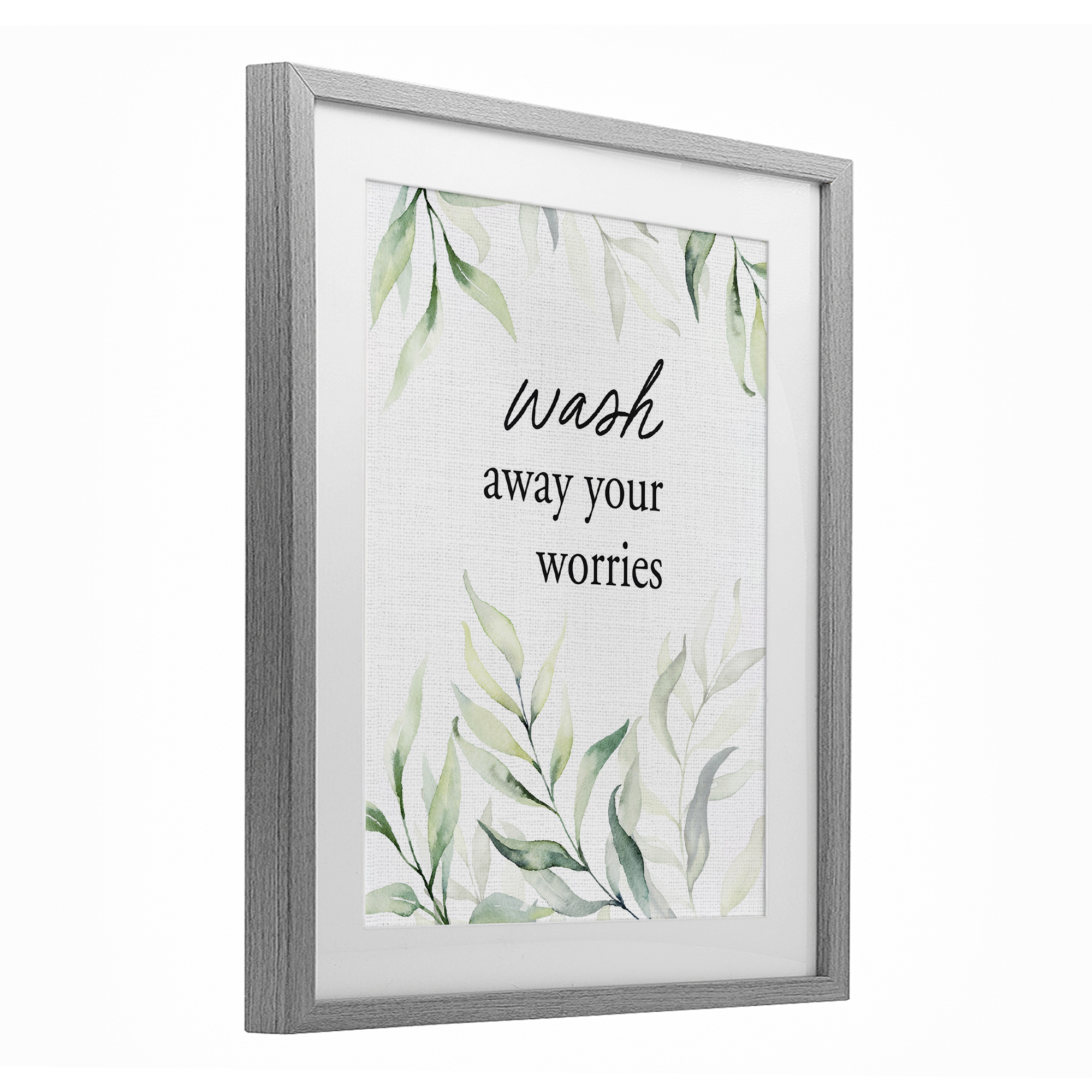 Wash Away Worries Greenery Gray Framed Print Under Glass, design by Lettered and Lined