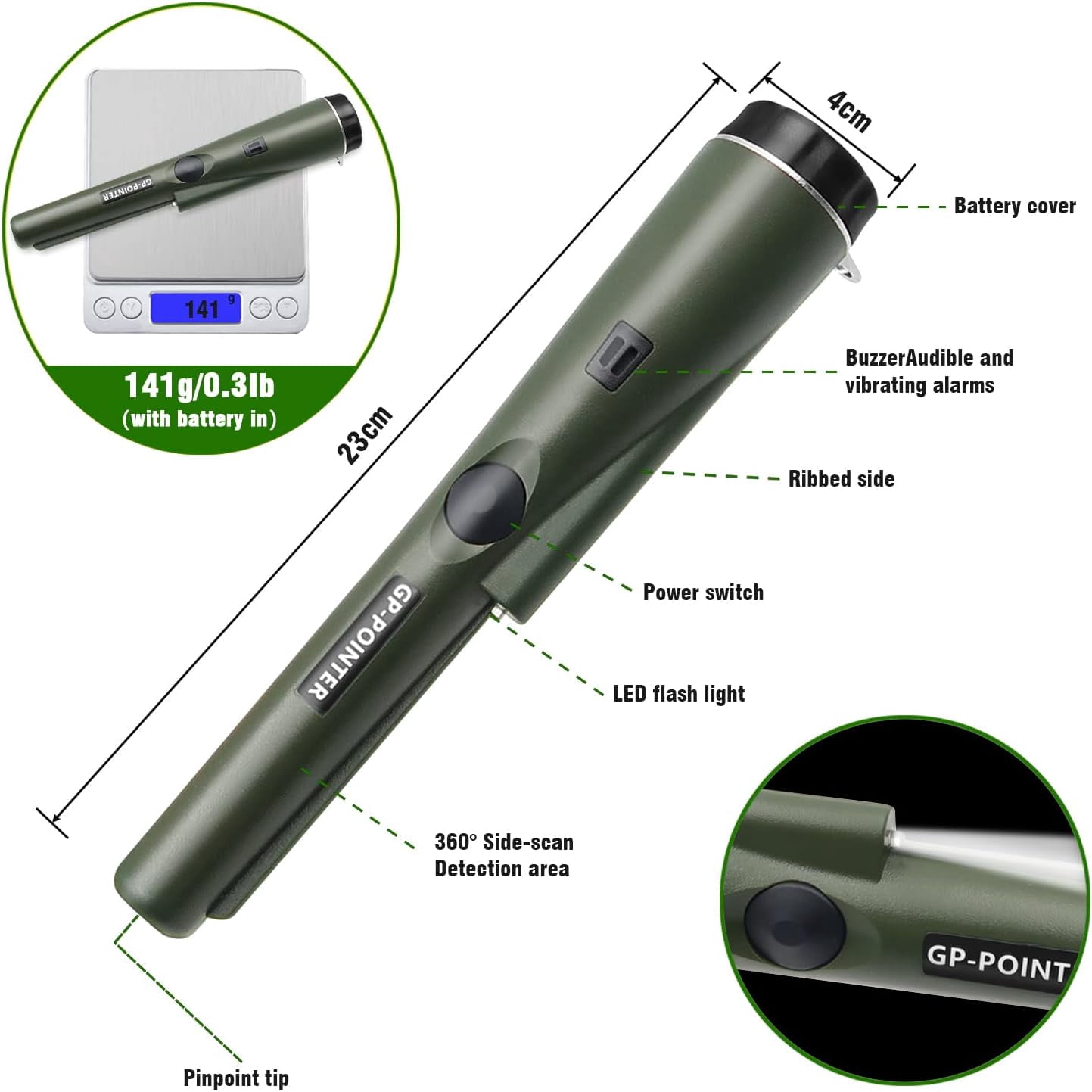SYITOOCK Metal Detector Pinpointer, Professional Handheld Pin Pointer Wand, 360°Search Treasure Pinpointing Finder Probe with Belt Holster, Green