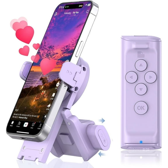 DUSKEEP Click to See Full View Remote Control Scrolling for Tiktok with Phone Stand,Page Turner for Kindle App E-Book,Bluetooth Camera Shutter Remote for IPhone, Android,iOS,iPad,Tablet （Purple）