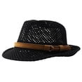 thumbnail image 4 of Vintage Woven Hollowâout Sun Hat Unisex Leather Band Decor Breathable Outdoor Vacation Fedora Hat, 4 of 4