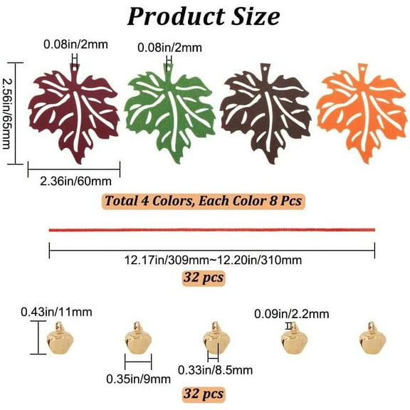 2sets Autumn Maple Leaf Tree Felt Hanging Ornaments with Bell and Rope for Home Thanksgiving Day Decoration Mixed color 375x60x8.5mm 16pcs/set