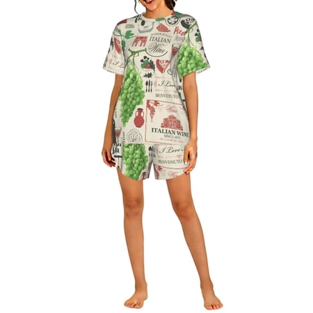Womens Pajamas Set Short Sleeve and Shorts 2 Piece PJ Sets Soft Loungewear Italian Cuisine Italy VintageFood Wine Cafe Italy Bar European Europe