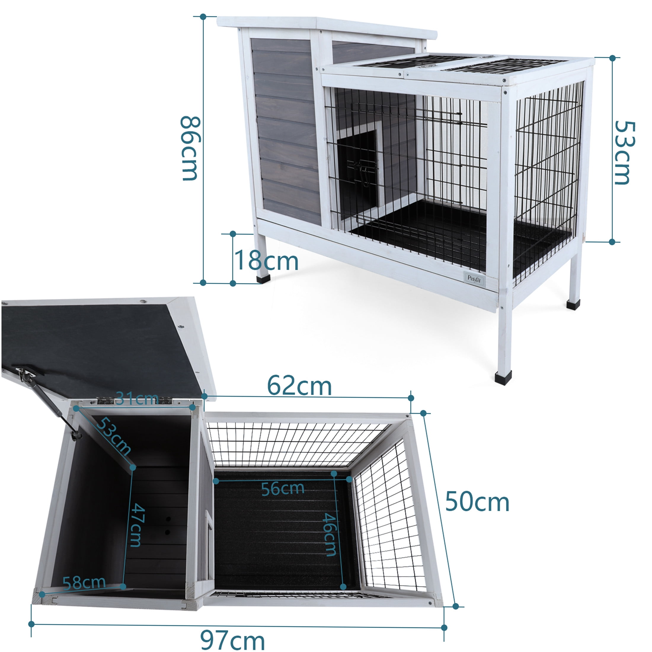 JERFIT 2-Story Outdoor Rabbit Hutch with Waterproof Roof & Leak-Proof Tray, Spacious Wooden Cage for Rabbits, Guinea Pigs, Ferrets, Grey