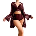 thumbnail image 2 of Women's 3 Piece Pajamas Set Lace Bra Panty with Robes Lightweight Sleepwear Nightwear Wine M, 2 of 6