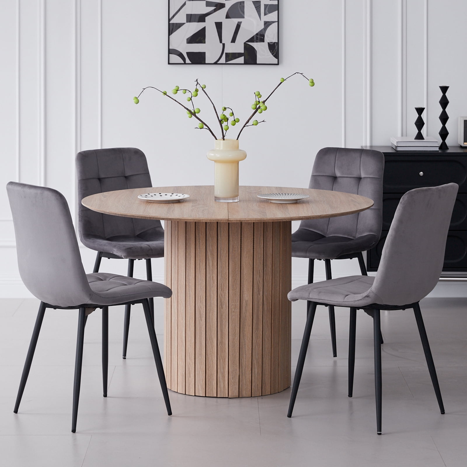 Set of 4 Velvet Dining Chairs - Mid Century Modern Dinning Chair, Upholstered Cushion Seat, Square-Patterned Backrest, Grey, Dinner Chairs with Metal Legs for Dining Living Room, Bedroom