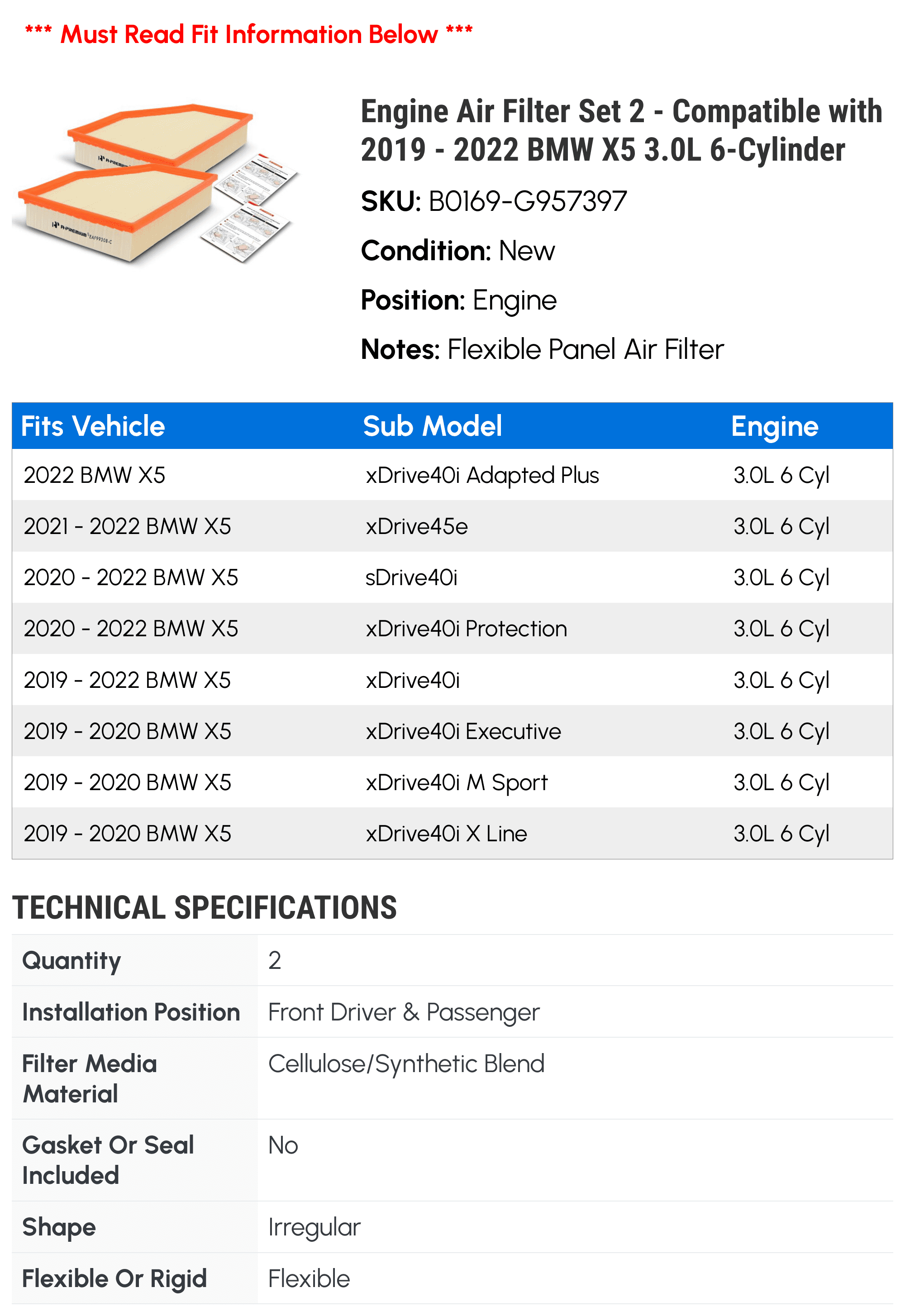 Engine Air Filter Set 2 - Compatible with 2019 - 2022 BMW X5 3.0L 6-Cylinder - Autopart Premium