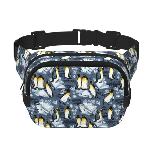 Xecao Penguin Arctic Adventure for Square Double Layer Waist Bag for Travel Cycling Outdoor Activities with Adjustable Strap and Zipper Pockets